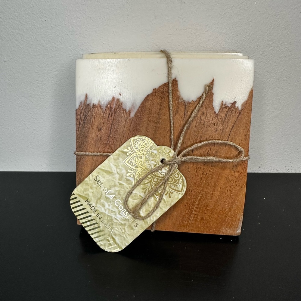 Set Of 4 Handmade Wood And Resin Farmhouse Rustic Table Coasters New